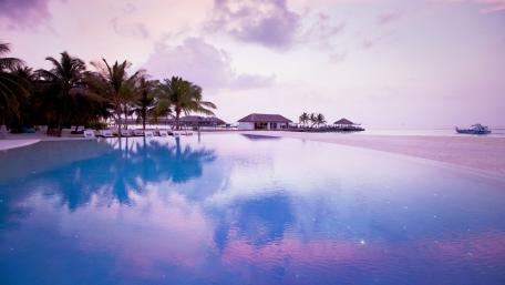 Tranquil Beachside Retreat Amidst Palms and Water Reflection wallpaper