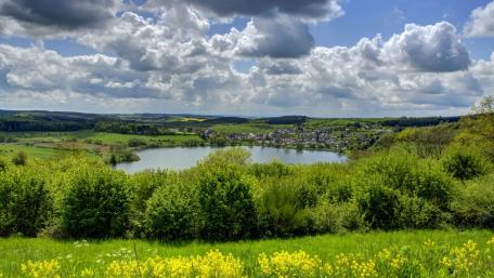 Spring Serenity Over a Tranquil Lake Amidst Lush Greenery wallpaper