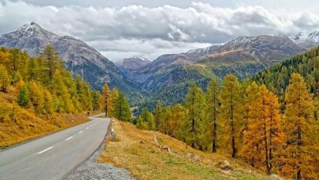 Autumn Road Through Majestic Mountains wallpaper