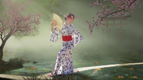 Geisha's Serenity in a Blossoming Fantasy World wallpaper