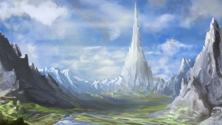 Majestic Fantasy Landscape with Towering Peaks wallpaper