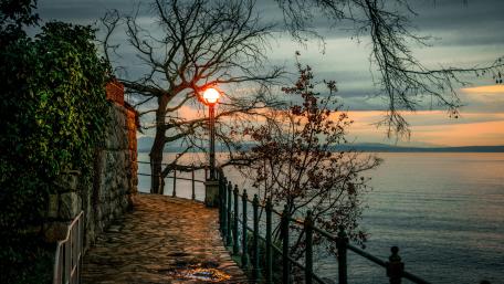 Serene Evening Stroll by the Lake wallpaper