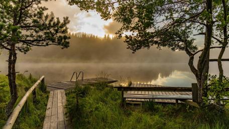 Serene Lake Jetty at Sunrise wallpaper