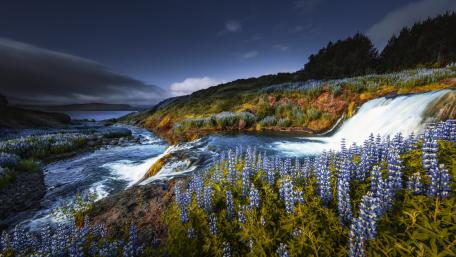 Serene Evening by the Waterfall wallpaper