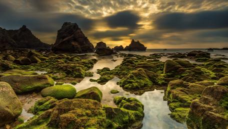 Mysterious Sea Shore with Clouds and Stones wallpaper