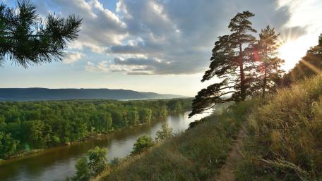 Serene River Landscape at Sunset wallpaper