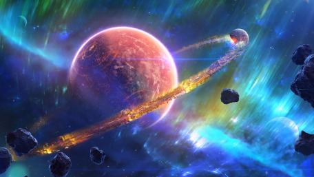 Ringed Planet Amidst Cosmic Debris wallpaper