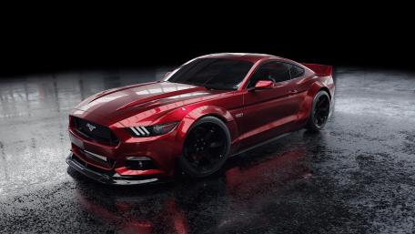 Sleek Red Ford Mustang in the Spotlight wallpaper