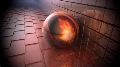 Metal ball in room with mosaics wallpaper