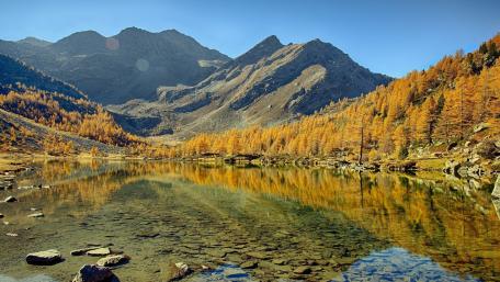 Golden Autumn Reflections on Serene Mountain Lake wallpaper