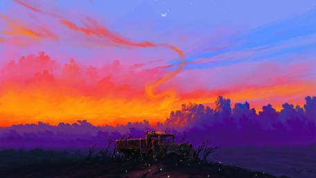 Abandoned truck at sunset digital art wallpaper