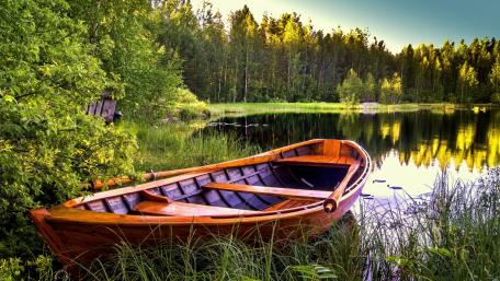 Serene Boat by the Tranquil Lake in Green Nature wallpaper