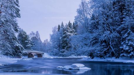 Serene Winter Landscape with Bridge and River wallpaper