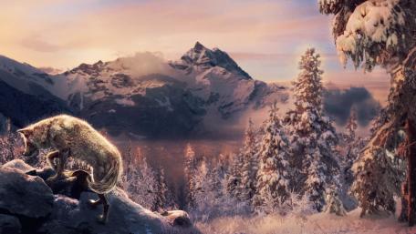 Majestic Winter Wolf on Snowy Mountain Scene wallpaper