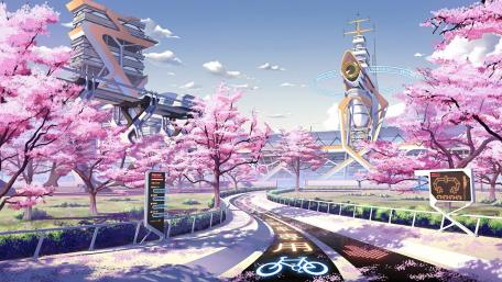 Futuristic anime city with cherry blossoms wallpaper