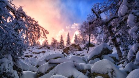 Winter Wonderland Amidst Serene Snow-Capped Hills wallpaper