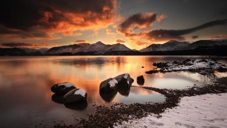 Winter Sunset Mirror Over Tranquil Lake wallpaper