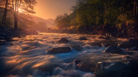Serene River at Dawn Glow wallpaper