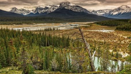 Majestic Valley Landscape with River and Mountains wallpaper