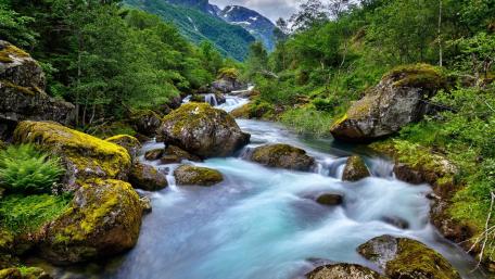 Serene River Flowing Through Boulders and Lush Valley wallpaper