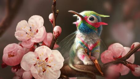 Whimsical Fantasy Bird in a Blossoming Wonderland wallpaper