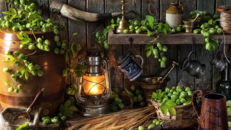 Rustic Kitchen Still Life with Lantern and Greenery wallpaper