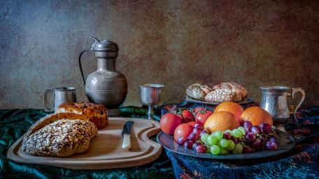 Rustic Feast of Breads and Fruits wallpaper