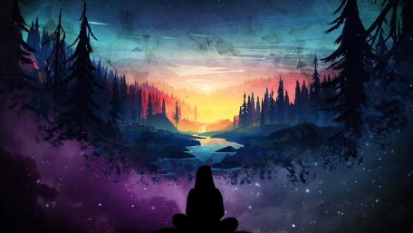 Mystical Sunset Silhouettes in Enchanted Wilderness wallpaper