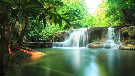 Tranquil Waterfall in Lush Greenery wallpaper