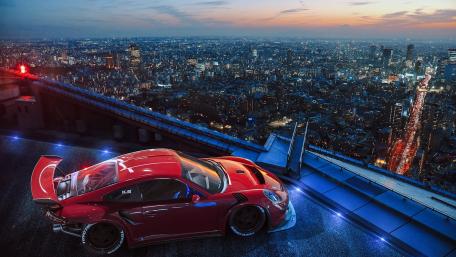 Ultimate Red Porsche Overlooking Cityscape at Dusk wallpaper