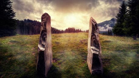 Mystical Carved Stones in a Mysterious Landscape wallpaper
