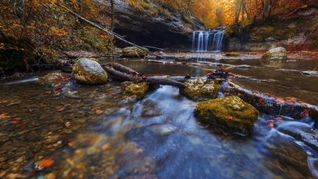 Autumn Tranquility by the Waterfall wallpaper