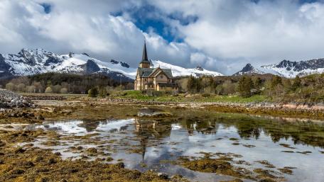Majestic Mountain Church Reflection in Nature wallpaper