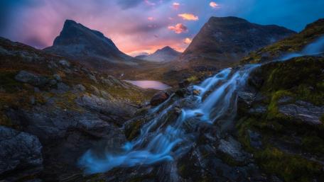 Serene Mountain Waterfall Scene wallpaper