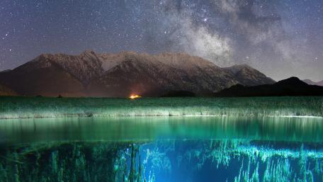 Starry Night Over Mountain and Lake wallpaper
