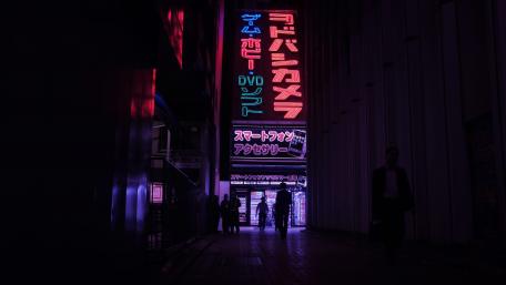 People walking in between high-rise buildings, wallpaper