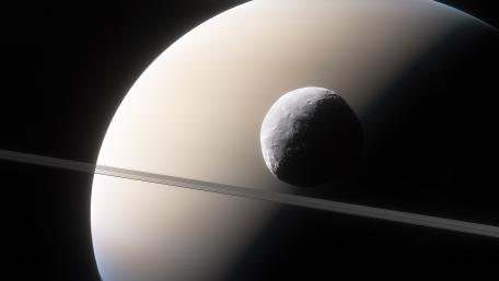 Majestic Ringed Planet with Moon in Monochrome wallpaper