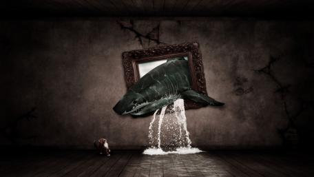 Strange shark in room wallpaper