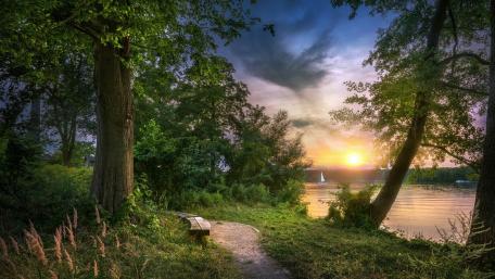 Serene Lakeside Pathway at Sunset wallpaper