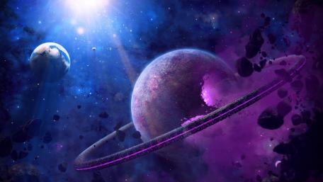 Majestic Ringed Planet in Purple Nebula wallpaper