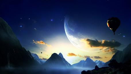 Mystical Night Sky Over Futuristic Mountains wallpaper