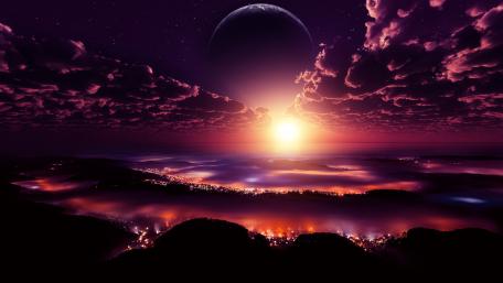 Mystic Twilight Over Futuristic World wallpaper