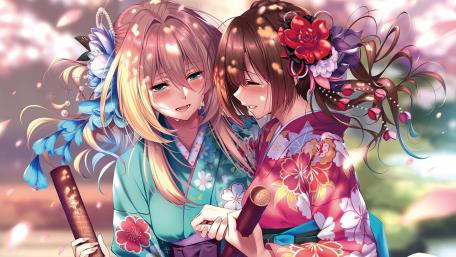 Anime Companions in Floral Kimonos wallpaper