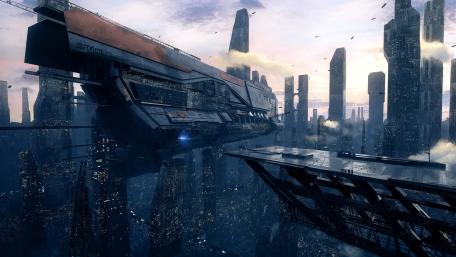 Futuristic Metropolis with Hovercraft in Twilight Sky wallpaper