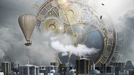 Timeless Journey Above Steampunk Metropolis wallpaper