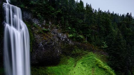 Majestic Waterfall in Serene Forest Scene wallpaper