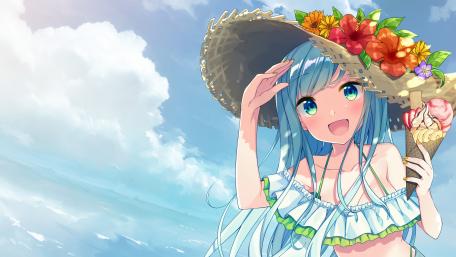 Blue-Haired Anime Girl Enjoying Ice Cream wallpaper