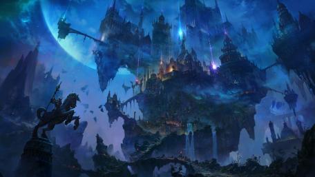 Mystical Blue Twilight Over Fantasy Kingdom wallpaper