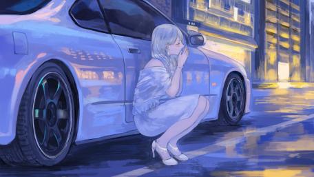 Blue-Haired Anime Girl with JDM Car wallpaper