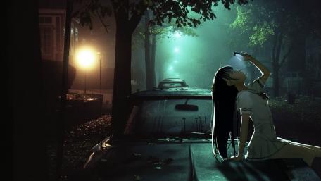Anime girl sitting on car hood wallpaper
